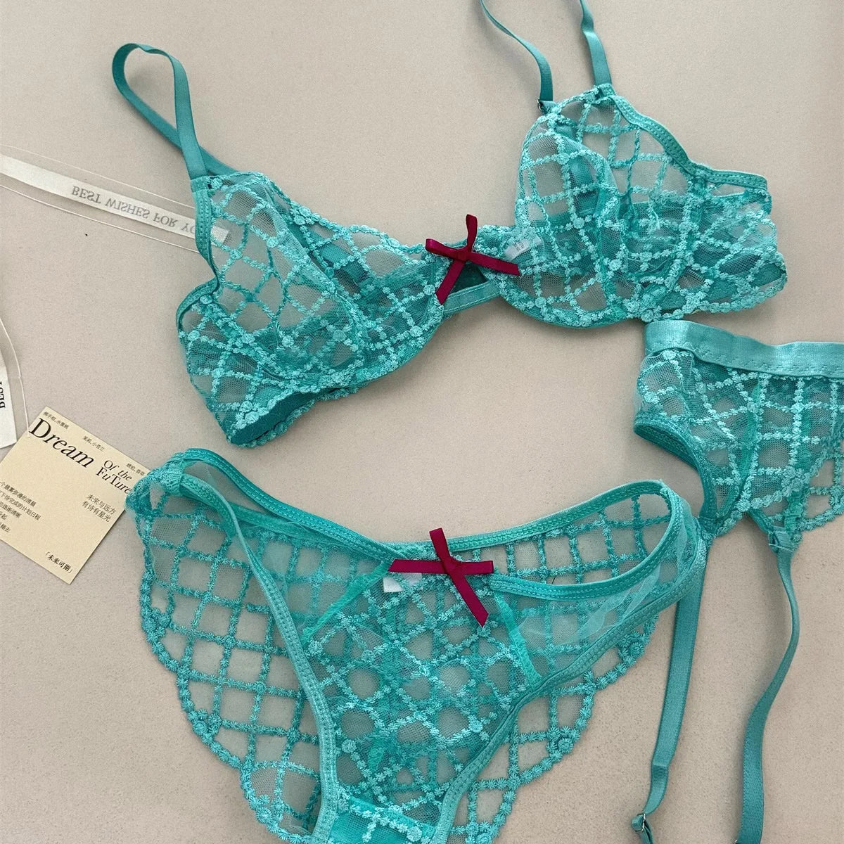 Bra + Panties + Garter, Lace Ultrathin Transparent Push Up Women Sexy Sleep Underwear Sets Lattice Push Up Young Girls Blue