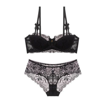 Victorian Style French Lace Lingerie Set Small Boobs, Anti Sagging Thin Half Cup Push Up Bra Wireless Comfort for Women Elegant
