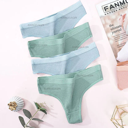 4Pcs Women's Panties Fashion Striped Thongs Soft Cotton Underwear Ladies Sexy Lingeries Sports Breathable G-Strings Cozy T-Back