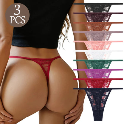 3Pcs/Set Sexy Lace Floral Panties For Women Solid Color Transparent Underwear Female Lace Perspective Hollow Out G-string Thongs