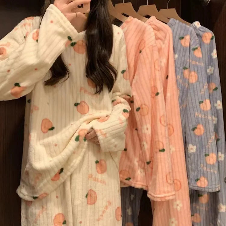 Thiened Long Sve Coral Fce Pajamas Women's Winter Home Clothes Set Cute Cartoon Print round Ne Spwear Set for Youth