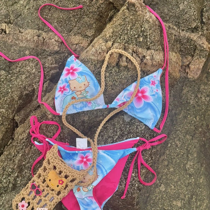 Kawaii Japanese Kitty Hot Girl Split Strap Summer Bikini Girls Seaside Fashion Resort Swimsuit Leopard Print Cartoon Hello Kitty