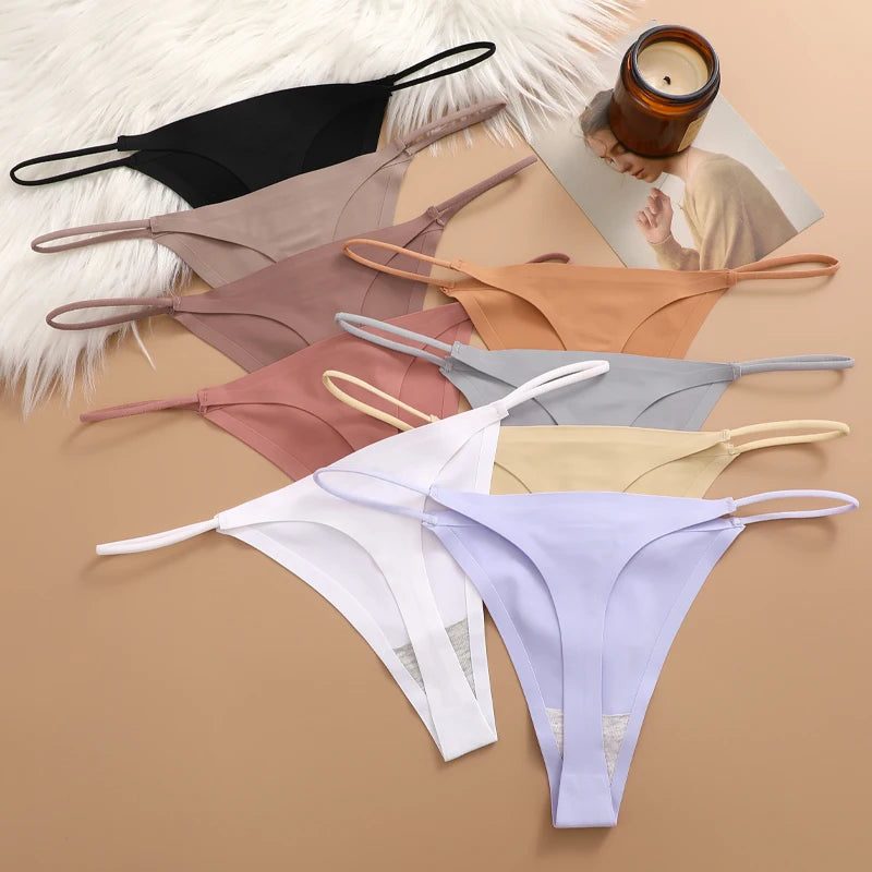 7Pcs/Set Traceless Ice Silk Thongs For Women Sexy Low Waist Elastic Underwear Summer Ultra-thin Female Cozy Breathable G-strings