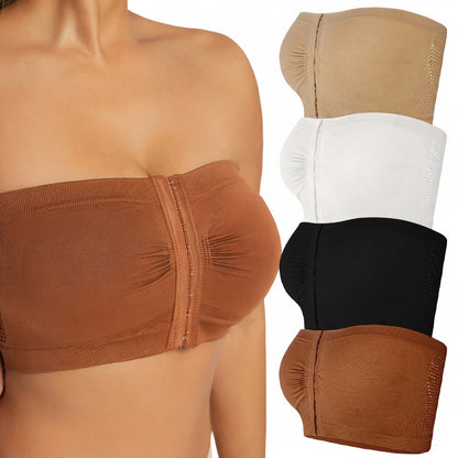 Women's Plus Size Strapless Bandeau Bra Seamless Bralettes Front Closure Padded Tube Top Push-Up Non-Slip No Show Bras