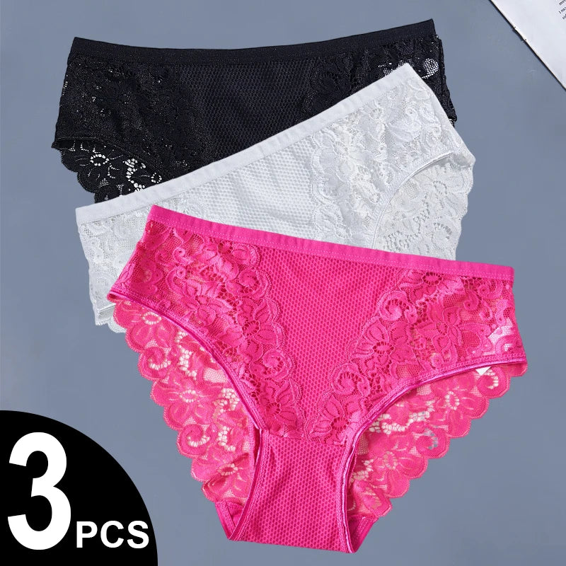 3PCS Solid Color Patchwork Mesh Panties Hollow Floral Lace Briefs for Women Sexy Underwear Lingerie