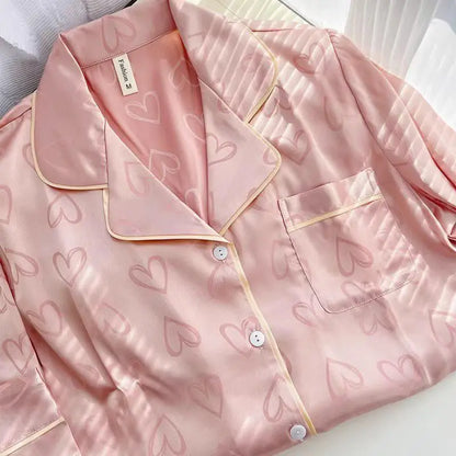 Ice Silk Pajamas Women's Long Sleeve Lace Premium Sense Two Piece Suit Sweet Homewear Love Blue Ladies Sleepwear Loungewear