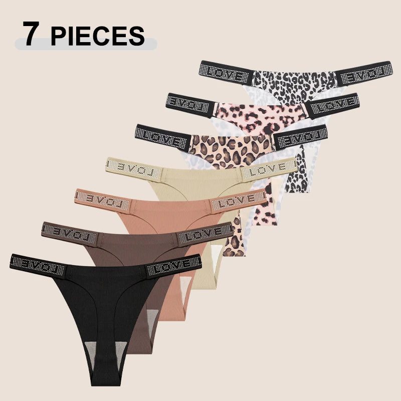 7Pcs/Set Printed Leopard Crystal Letter Thongs For Women Fashion Low Waist Soft Breathable Underpants Female Traceless G-string