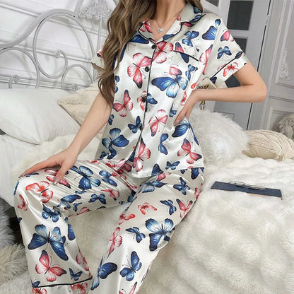 Cute Cat Print Pajama for Women Satin Long Sleeve Lapel Collar Tops & Pants Pyjama Loungewear for Fall Ladies Sleepwear Pj Sets