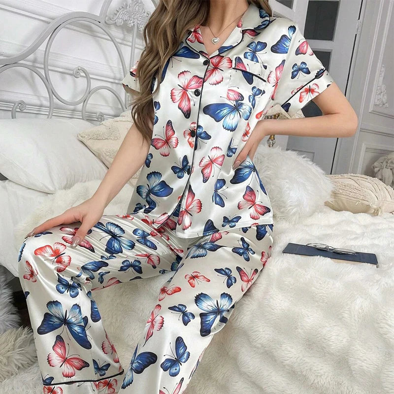 Cute Cat Print Pajama for Women Satin Long Sleeve Lapel Collar Tops & Pants Pyjama Loungewear for Fall Ladies Sleepwear Pj Sets