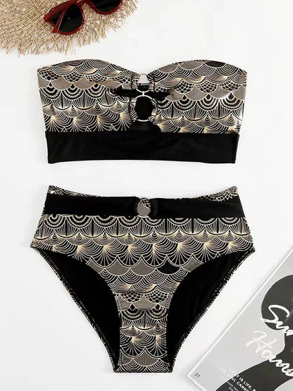 Metallic Stitch Strape Bikini 2026 Women Push Up Golded print Swimsuit Female High Waist Swimwear Bathers Bathing Suit Beachwear