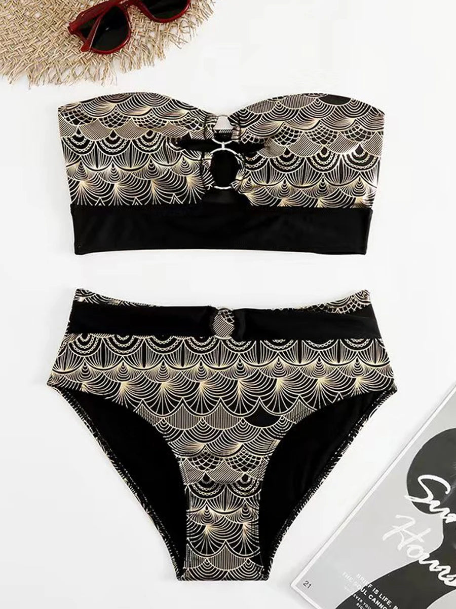 Metallic Stitch Strape Bikini 2026 Women Push Up Golded print Swimsuit Female High Waist Swimwear Bathers Bathing Suit Beachwear