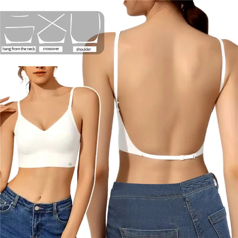 Women Invisible Bra Deep U Plunge Bras Backless Top for Dresses Sexy Lingerie with Transparent Strap Push Up Strapless Underwea