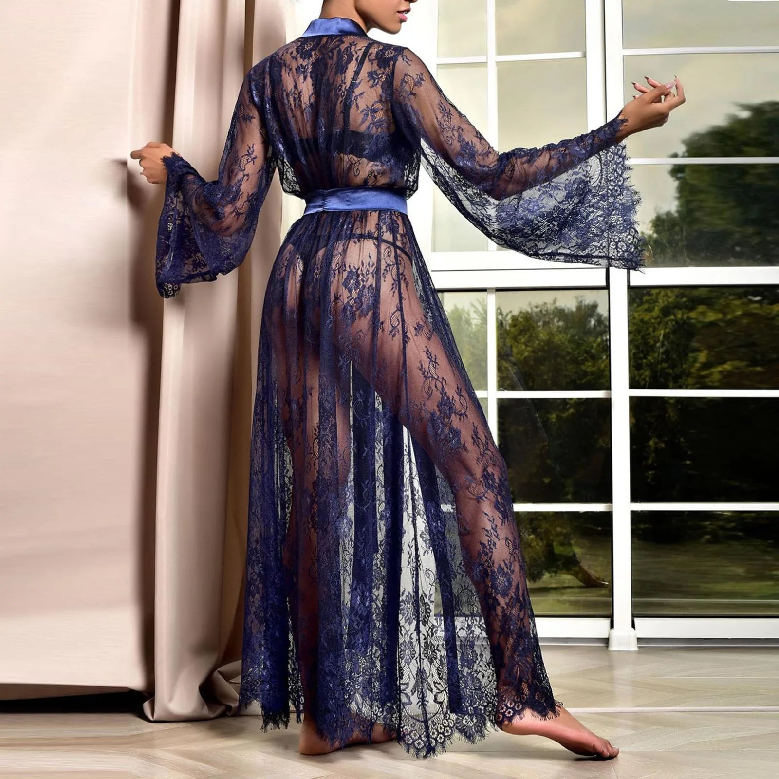 Women Nightgown Mesh See Through Nightdress Sexy Lingerie Lace Long Night Robe Gown Set Thong Long Sleeve Exotic Babydoll Dress