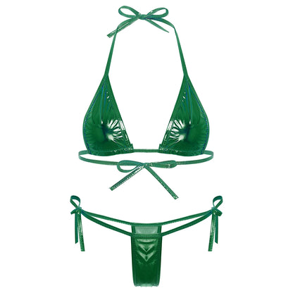 Womens Brazilian Micro Bikini Swimsuit Metallic Shiny Lacing Non-Padded Triangle Cup Bra Top with G-String Swimwear Biquini Set
