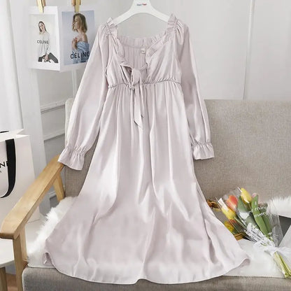 Female Long Nightdress Sexy Hollow Lace Sleepwear Home Dress Palace Style Princess Nightgown Nightwear Casual Satin Loungewear