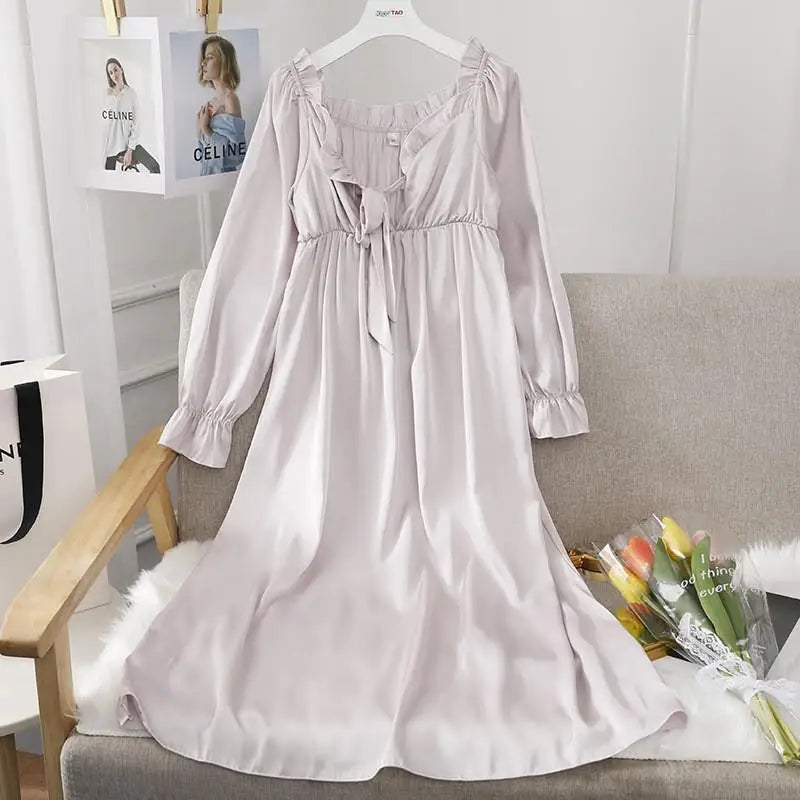 Female Long Nightdress Sexy Hollow Lace Sleepwear Home Dress Palace Style Princess Nightgown Nightwear Casual Satin Loungewear