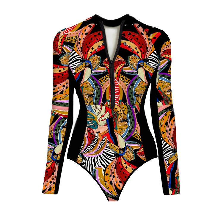 One Piece Swimsuit Long Sleeve Zip Front Blue White One Piece Surf Swimsuit and Sarong Swimwear Slimming Bathing Suit Beach Wear