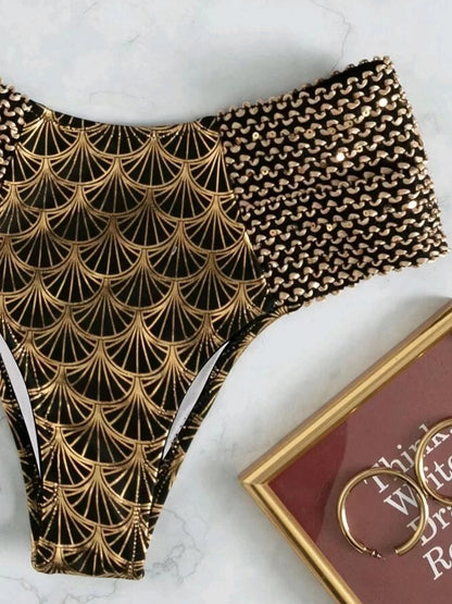 Metallic Stitch Strape Bikini 2026 Women Push Up Golded print Swimsuit Female High Waist Swimwear Bathers Bathing Suit Beachwear