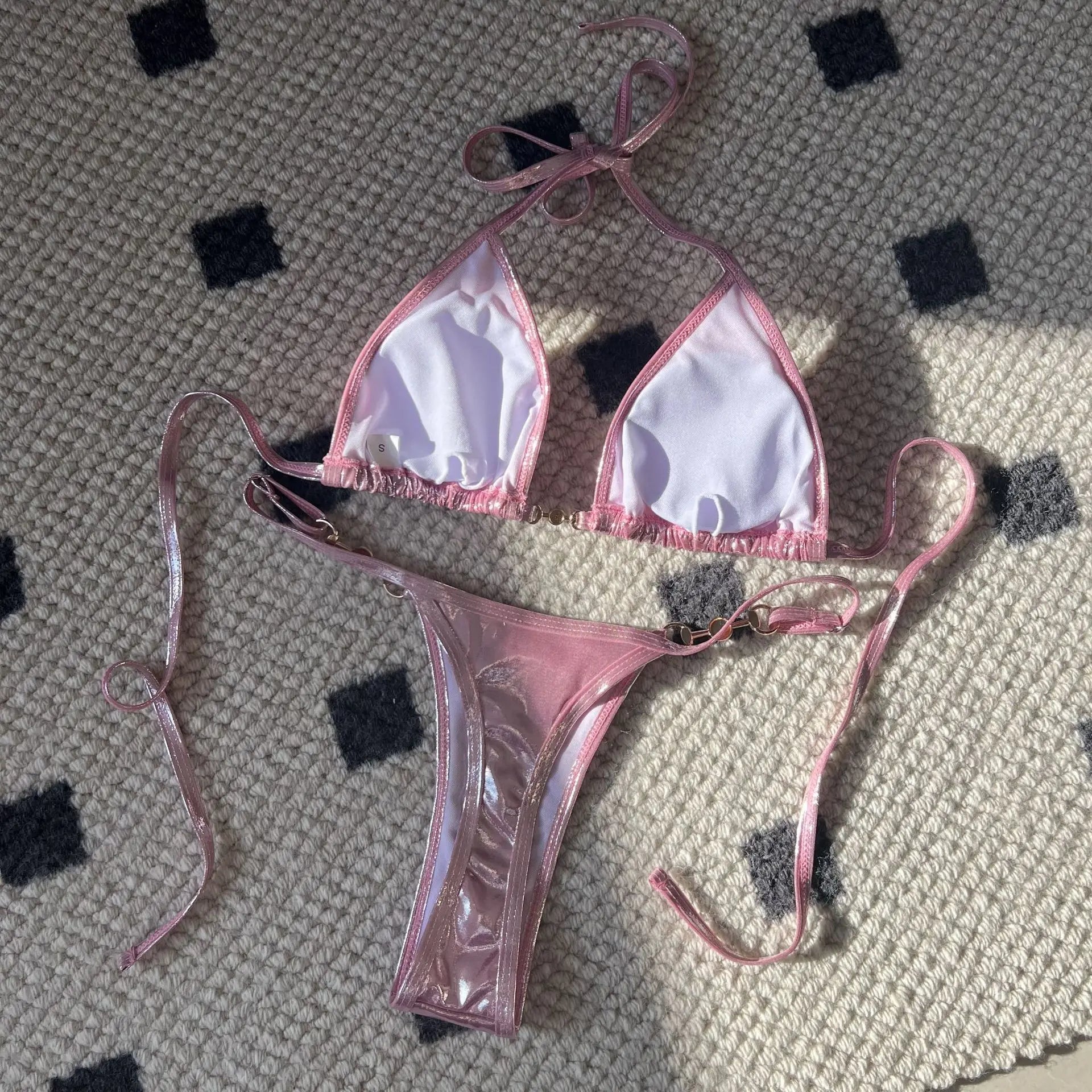 Shiny Pink Micro Bikini Set Mujer Women Sexy Push Up Thong Swimsuit Summer Bathing Suit Bandage Holiday Swimwear Women Biquine