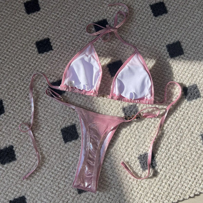 Shiny Pink Micro Bikini Set Mujer Women Sexy Push Up Thong Swimsuit Summer Bathing Suit Bandage Holiday Swimwear Women Biquine