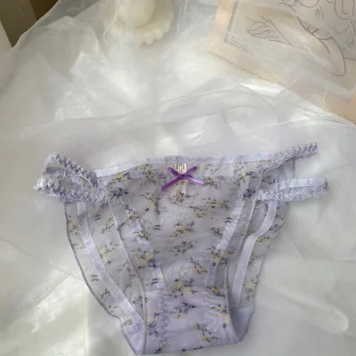 Women's panties Cross waistband Hipsters Low Rise Lace Strappy Panties Transparent Mesh Floral Pattern Sweet Bowknot Underwear B