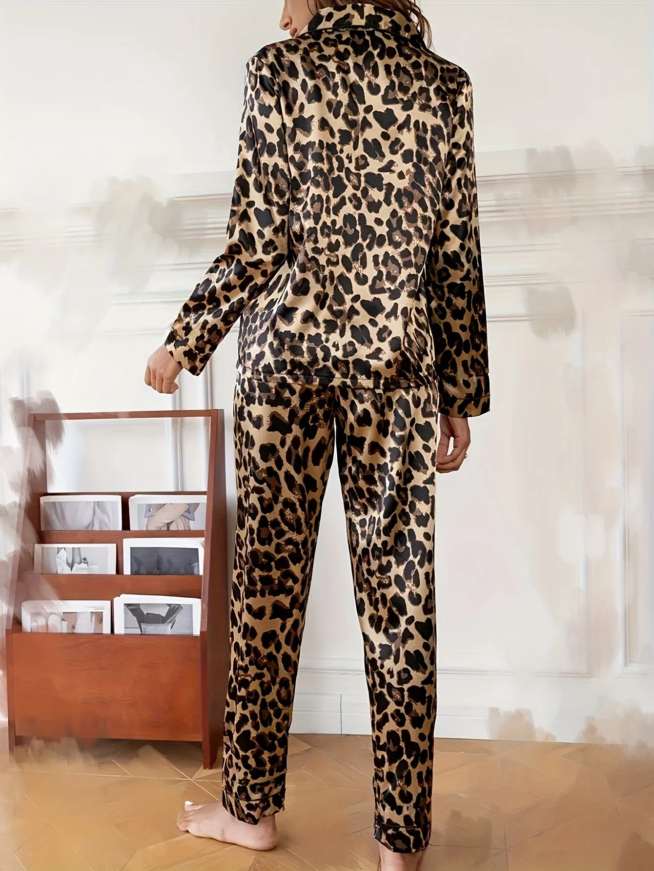 Leopard Print Pajamas Set for Women Autumn Winter Silk Satin Sleepwear Loose Casual Long Sleeve T-shirt and Trouser Suits