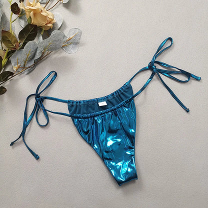 2024 Gem Blue Glossy Bikini Women's Clothing Swimsuit Summer Beach Vacation Outfits Thong Bathing Suit Bandeau Backless Swimwear