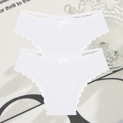 2PCS Cotton Panties for Women Sexy Lace Brazilian Briefs Female Low-Waist Cross Webbing Underpants Stretch Breathable Intimates
