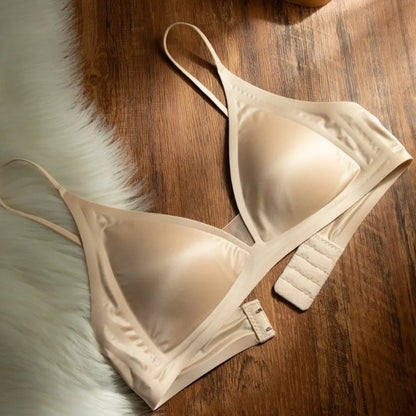Milk Satin French Deep V-neck Bra Wire Free Soft Support Seamless Bra Backless Design Adjusted Straps Small Chest Bra