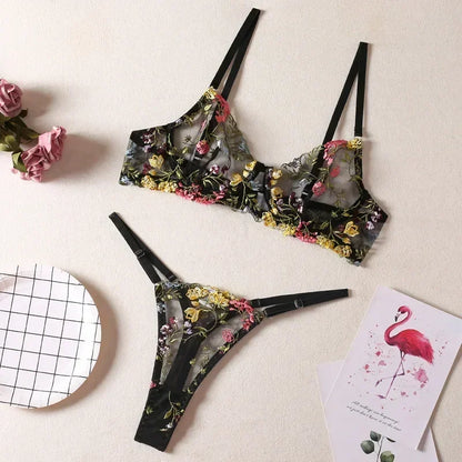 2025 Floral Embroidery Lingerie Set Women Sheer 2-Piece Boho Bra + Panty Underwear Set Intimates
