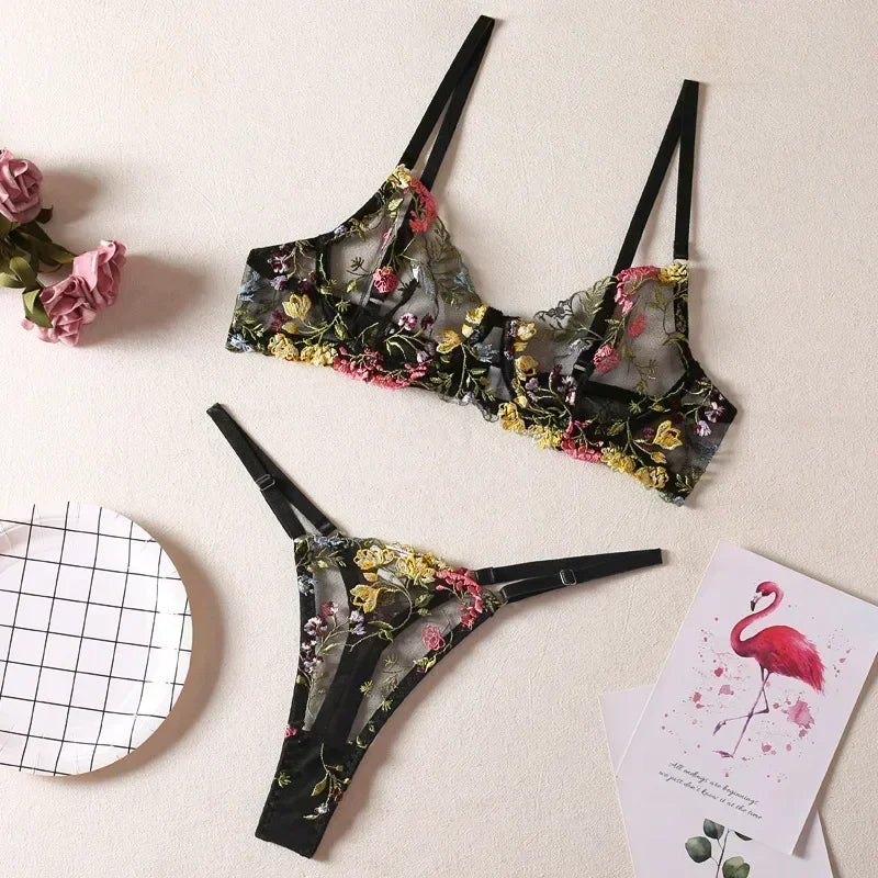 2025 Floral Embroidery Lingerie Set Women Sheer 2-Piece Boho Bra + Panty Underwear Set Intimates