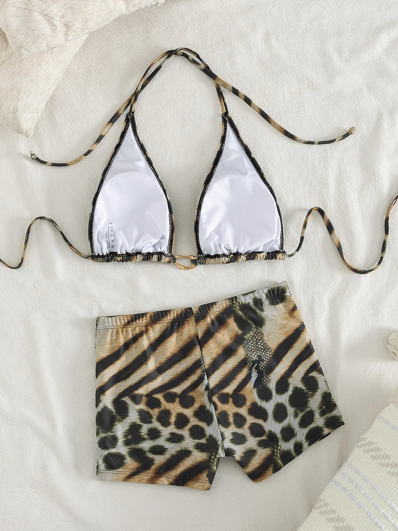 Women's Leopard & Zebra Print Bikini Set, Halter Triangle Top with High Waist Ruched Shorts Two Piece Swimsuit for Beach Vacatio