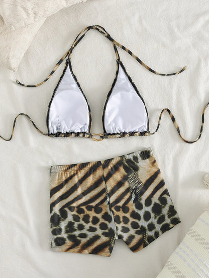 Women's Leopard & Zebra Print Bikini Set, Halter Triangle Top with High Waist Ruched Shorts Two Piece Swimsuit for Beach Vacatio