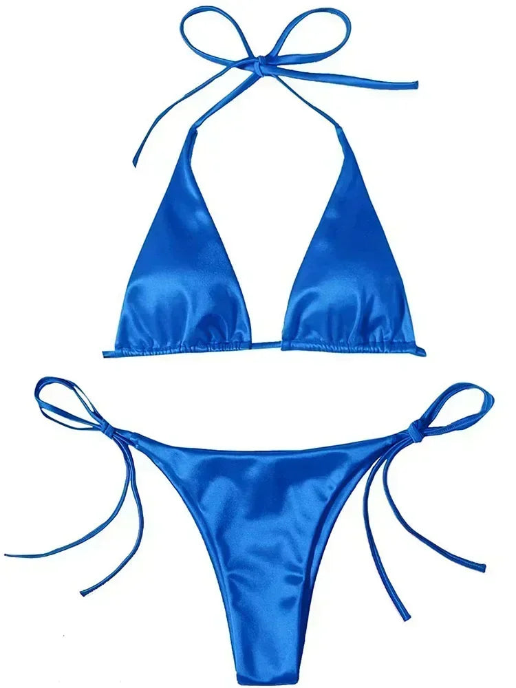 Wrap Around Halter Metallic Satin Bikini Women Swimwear Female Swimsuit Two-pieces Bikini Set Brazilian Bathing Suit Swim Lady