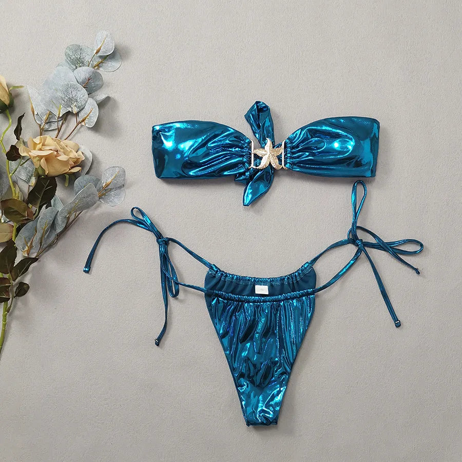 2024 Gem Blue Glossy Bikini Women's Clothing Swimsuit Summer Beach Vacation Outfits Thong Bathing Suit Bandeau Backless Swimwear