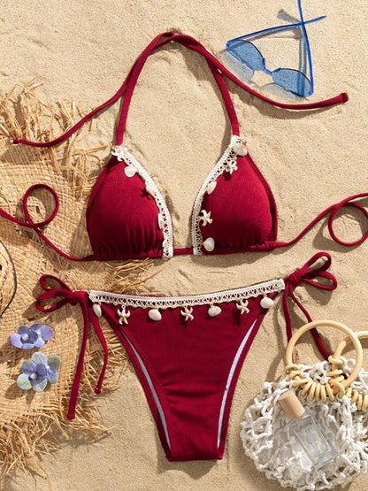 Shell Decoration Ribbed Bikini Women Swimwear Female Swimsuit Two-pieces Bikini Set Halter Strappy Bather Bathing Suit Swim Lady