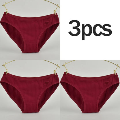 3PCs Teen Girls Cotton Underwear Low-Rise Heart Print Briefs Soft Breathable Everyday Panties Minimalist Design Lady Summer Wear