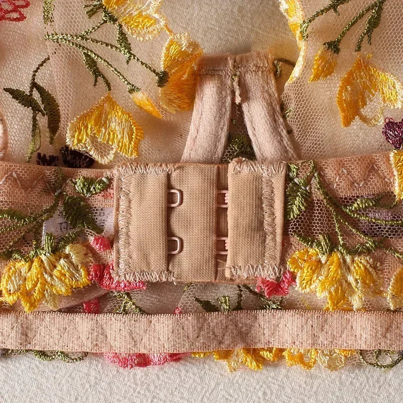 2025 Floral Embroidery Lingerie Set Women Sheer 2-Piece Boho Bra + Panty Underwear Set Intimates