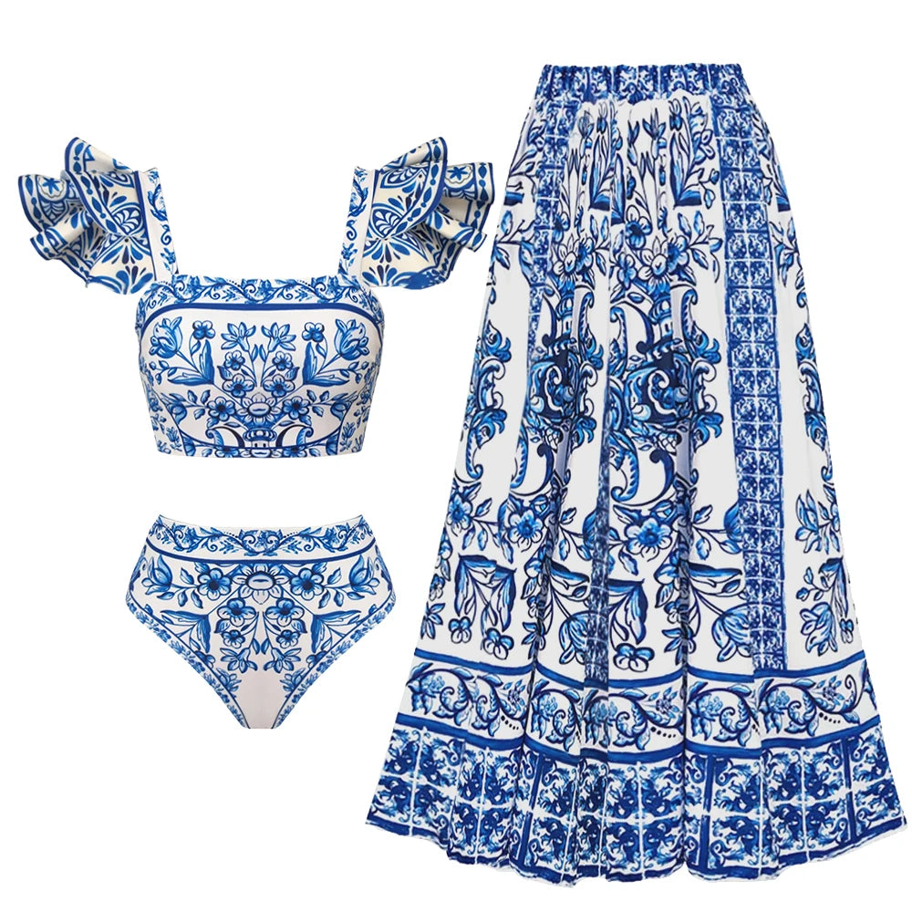 Printed Ruffle One Piece Swimsuit With Cover Up Sexy Swimwear Women Flat Belly Swim Suits Bathsuit Belt Bodysuit Beach Outing