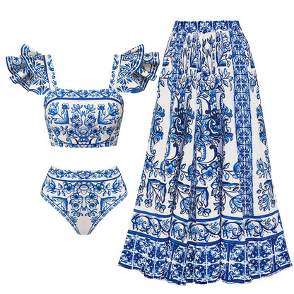 Printed Ruffle One Piece Swimsuit With Cover Up Sexy Swimwear Women Flat Belly Swim Suits Bathsuit Belt Bodysuit Beach Outing
