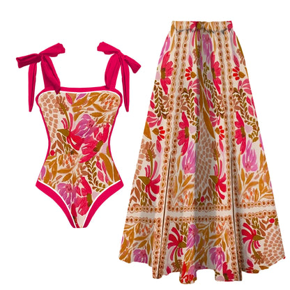 Printed Ruffle One Piece Swimsuit With Cover Up Sexy Swimwear Women Flat Belly Swim Suits Bathsuit Belt Bodysuit Beach Outing