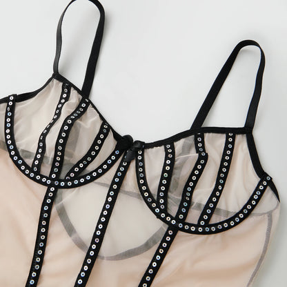 Women's Sequin Mesh Bodysuit Slim See Through Spaghetti Strap Backless Bodysuit Lingerie Sexy Body Top