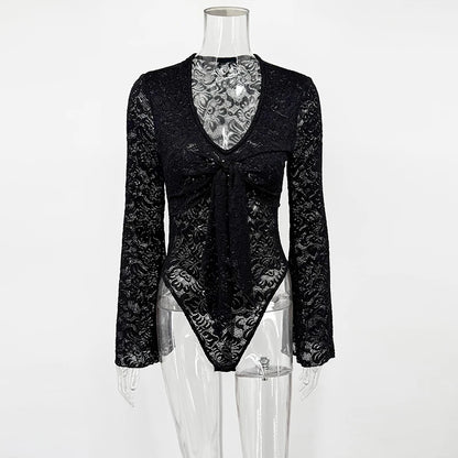 Tornova Lace Long Sleeve Sexy Bodysuits Women's Fashion Lace-Up V-Neck Twist Splice Sheer Jumpsuit Summer Party Female Bodysuits