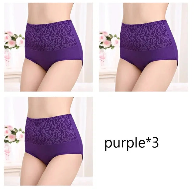 Plus Size Women's Cotton Underwear High Waisted Tummy Control Panties Full Coverage Briefs Jacquard Ladies Panty 3 Pack