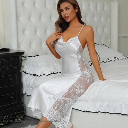 Sexy Hollow Out Long Nightgown Chemise Sleepwear Patchwork Perspective Lace Lingerie Women's Nightdress Homewear Rayon Nightwear
