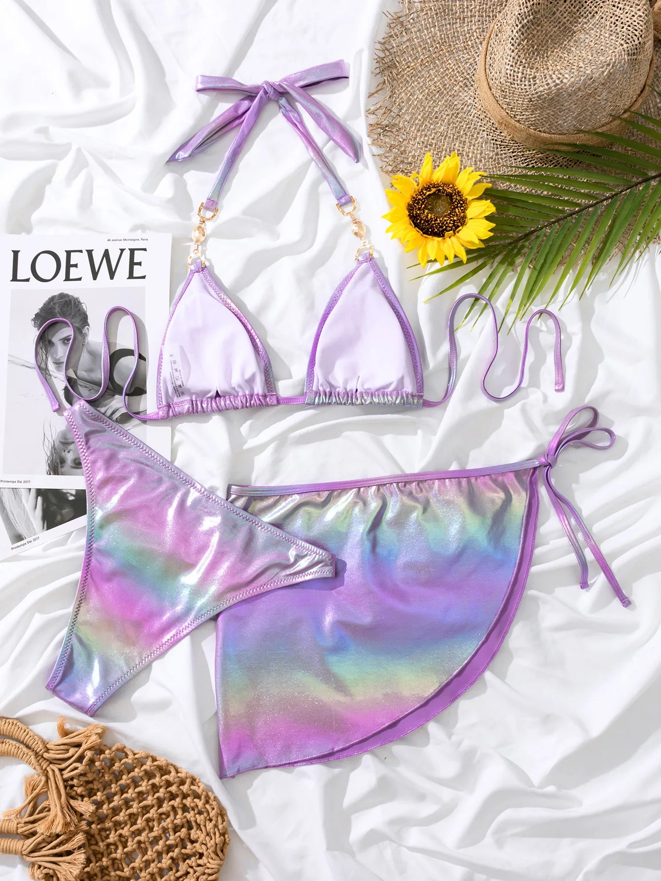 sexy purple metallic glitter halter bikinis sets three pieces with cover skirt thong swimsuits beachwear bathing suits swimwear