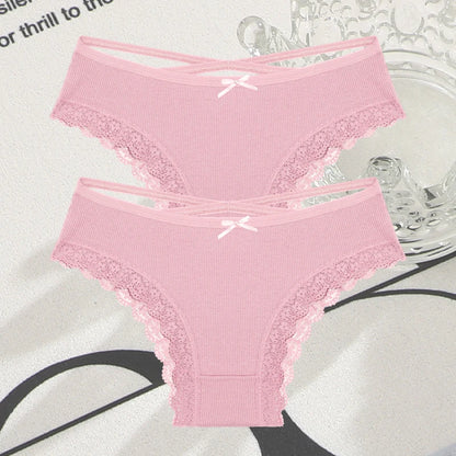 2PCS Cotton Panties for Women Sexy Lace Brazilian Briefs Female Low-Waist Cross Webbing Underpants Stretch Breathable Intimates