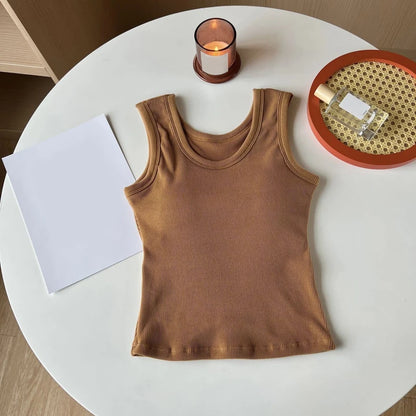 Women Solid Basic T-shirts Summer Vest Bra Tops With Pad Streetwear Y2K Elastic Rib-Knit Sleeveless Casual Tank Tops Female