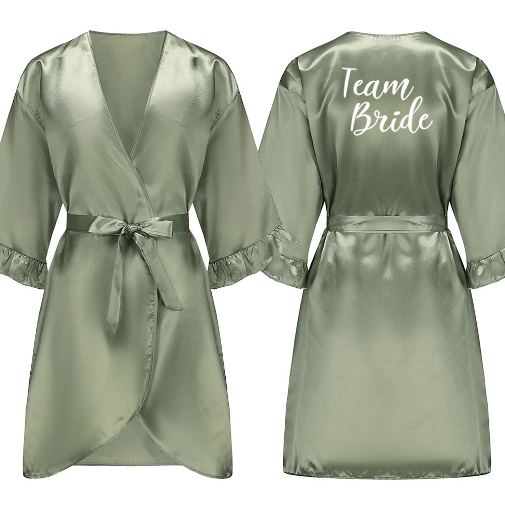 Grass Green Bride Satin-Silk Robe Women Bridal Party Sister Team Mother Shower Gift Bridesmaid Wedding Short Robes with Ruffle
