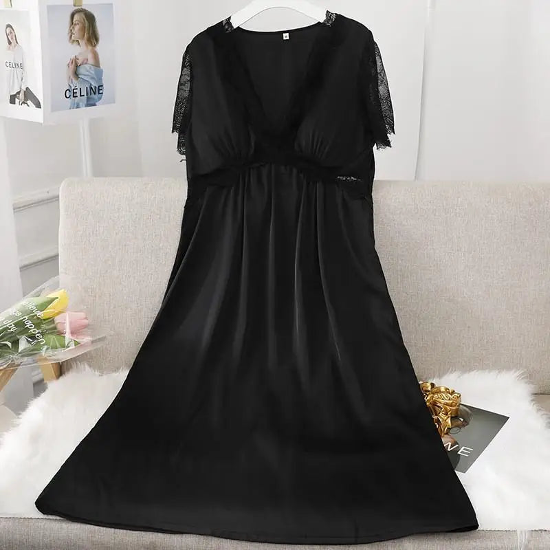 Female Long Nightdress Sexy Hollow Lace Sleepwear Home Dress Palace Style Princess Nightgown Nightwear Casual Satin Loungewear